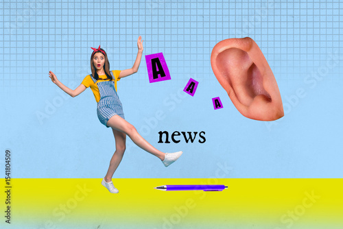 3d poster image full pop art collage of happy girl guy stand ear body element aaa propaganda influence pen supply journalism