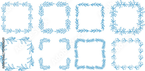 Mediterranean blue olive branch, leaves square frame set outline style