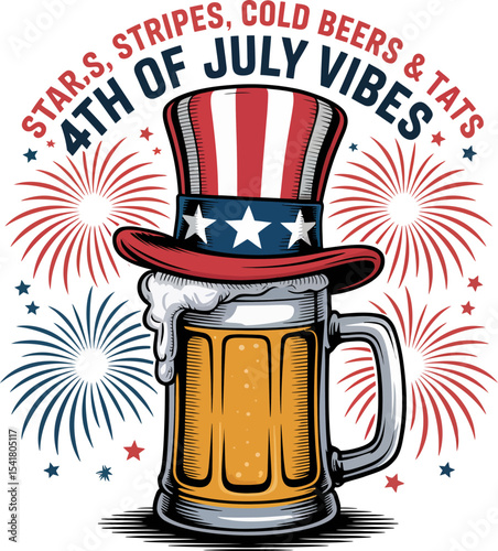 Uncle Sam hat with cold beer mug and stars stripes cold beers and hats text for celebratory July 4th vibe  