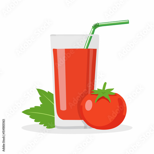 Refreshing Tomato Juice Glass, Straw, and Ripe Tomato Vector Illustration