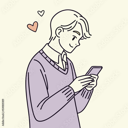 Smiling young adult male with hearts is texting on his modern smartphone