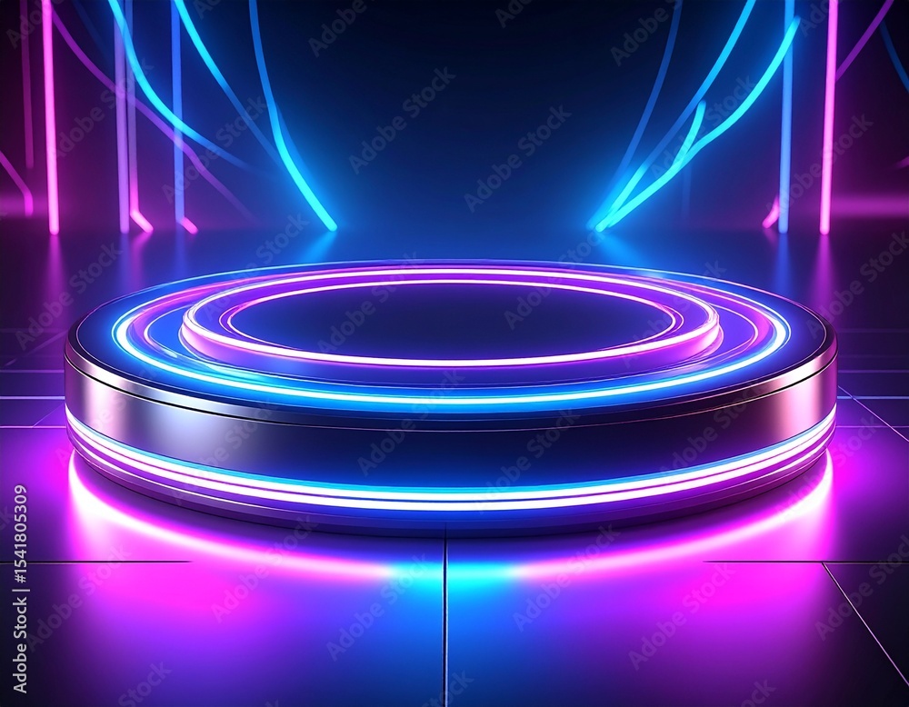 Fototapeta premium Neon Sci-Fi Podium Stage with Glowing Lights – Futuristic Dark Background