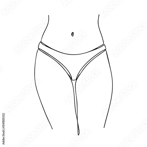 Vector line art of a woman’s lower torso in bikini bottom, clean outline representing body care and self love