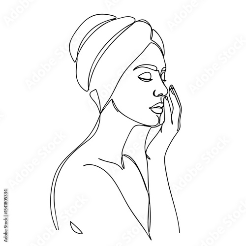 Vector line art of a woman applying face cream with towel wrapped around head, minimalist skincare beauty concept