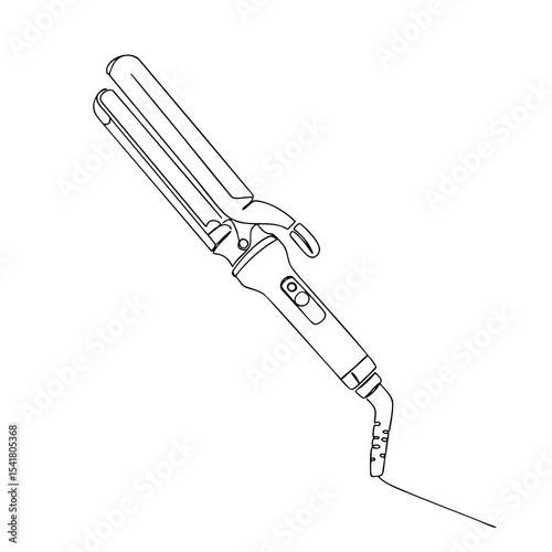 Vector line art of a curling iron with clamp, shown in side view with cord, ideal for hairstyling and beauty design projects