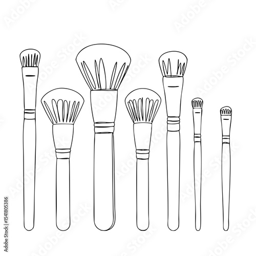 Vector line art of a set of makeup brushes in various shapes and sizes, minimal beauty tools illustration
