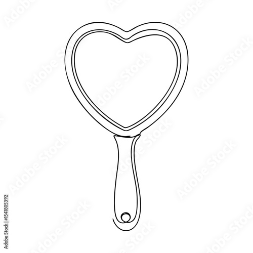 Vector line art of a heart-shaped handheld mirror with a curved handle, ideal for self care and feminine beauty illustrations