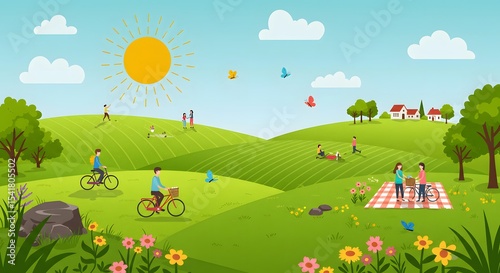Lush summer landscape with trees, birds, and vibrant flowers under a clear sky
