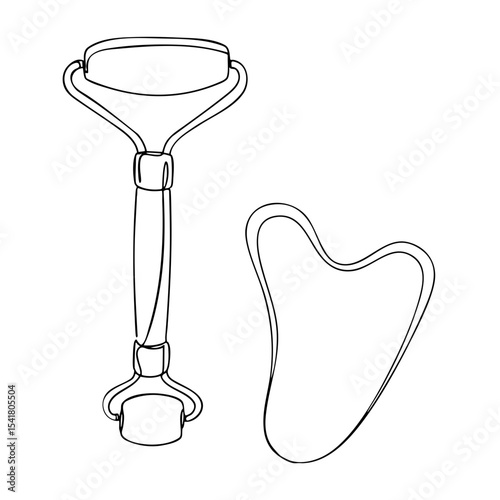 Vector line art of a facial roller and gua sha stone for skincare massage, drawn in a clean, minimal contour style for beauty and wellness themes