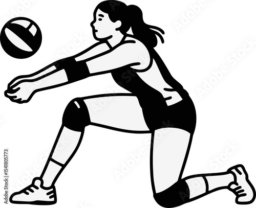 Focused Female Volleyball Player Silhouette – Ready to Receive the Ball | Vector Line Art