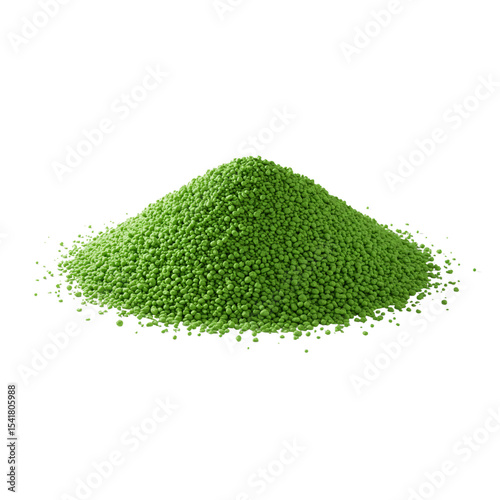 A high-angle, full shot of a pile of bright green granular powder, displayed against a pure white background.