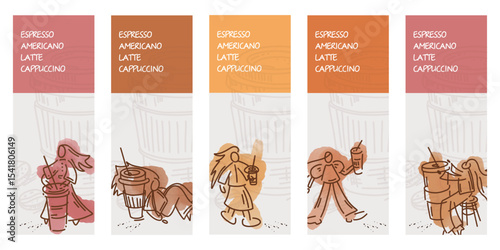 Hand-drawn set of flyers, people drinking coffee, sketch in colored strokes and ink, coffee, sketch-style coffee shop design.