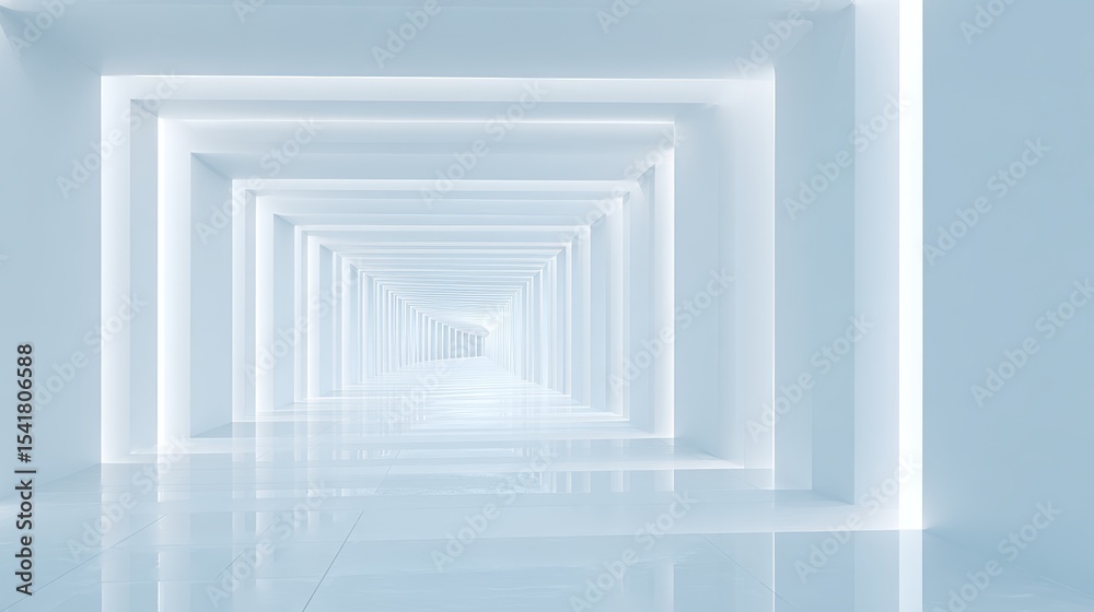 Fototapeta premium Futuristic corridor with clean white walls and glowing light fixtures, creating a sense of depth and perspective, leading to an unknown destination, ideal for modern architectural design concepts