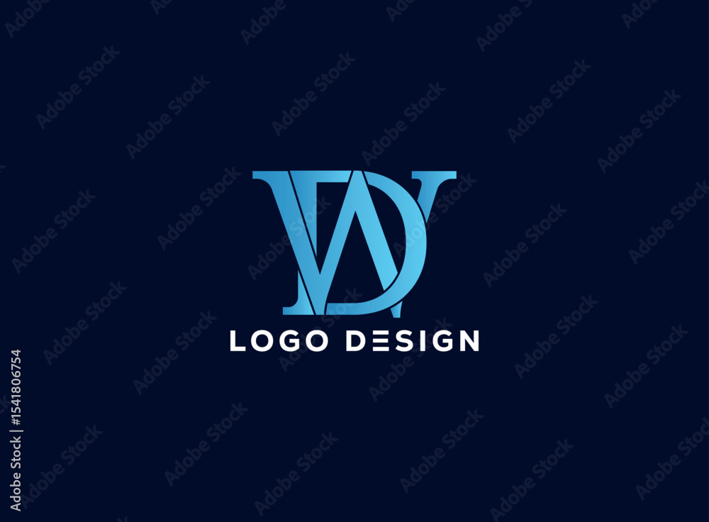 Elegant WD monogram logo with overlapping serif and modern typography in gradient blue on dark background, perfect for luxury branding, business identity, or creative logos