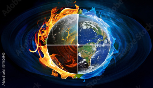 a breathtaking creative design showcasing the four elements of nature earth wind fire air and water integrated into a circular composition set against a dramatic dark background