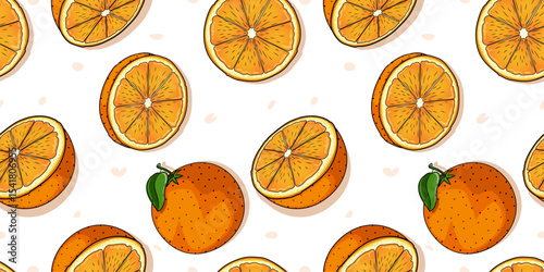 Fresh Orange Citrus Fruity Pop Art Style Seamless Pattern with Speckles Vector Design