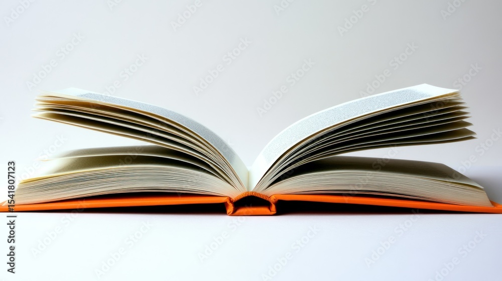 Open book, orange cover, pages fanned Open book, orange cover, pages fanned