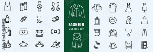 Fashion icon set. Containing tailor, fashion designer, accessories, dress, sewing, fabric, clothes, dressing room, fashion week, mannequin, sewing equipment, shoes, beauty and more