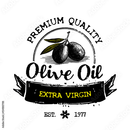 Vintage olive oil label with hand-drawn black olives and banner for organic gourmet packaging design. Extra virgin. Premium Quality. Vector illustration