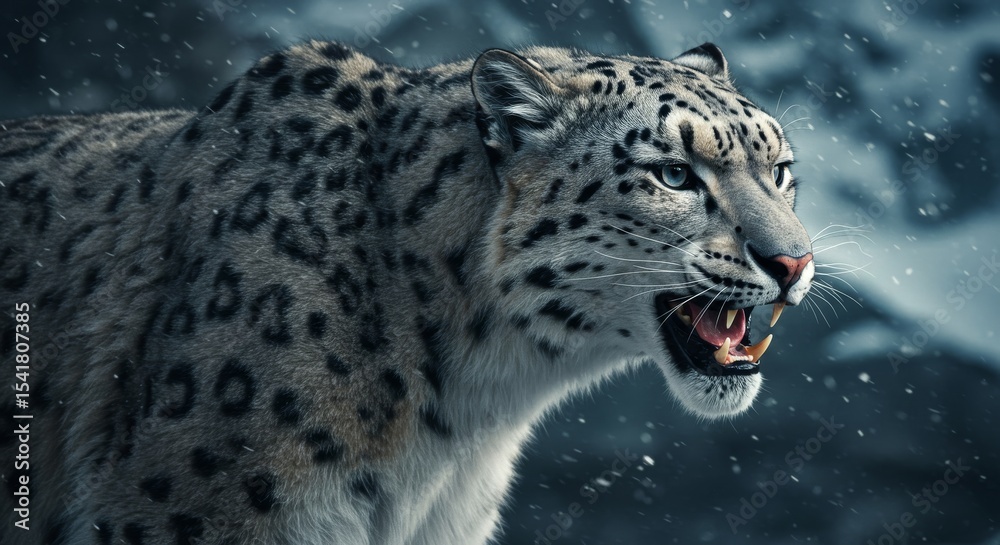 Naklejka premium Snow leopard snarling in winter environment, showing teeth