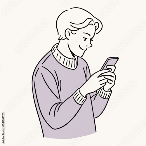 Smiling young man wearing a purple sweater is using his mobile phone indoors