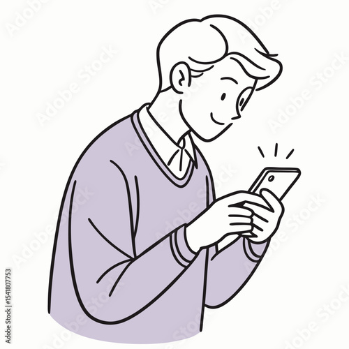 Joyful young man checks his shining cell phone against a plain white background