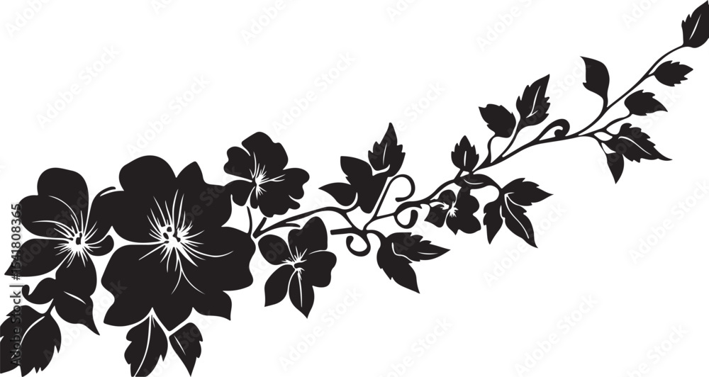 Fototapeta premium Elegant Floral Branch Silhouette with Blooming Flowers and Curving Vines Perfect for Decoration Invitations or Graphic Design Projects Isolated on a Clean White Background