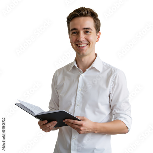 Professional in White Shirt with Notebook, Smiling Against White Background