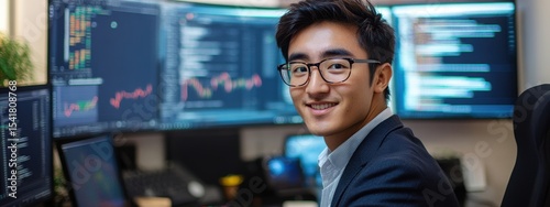 Smiling Analyst at Work Data Science Financial Tech Business Success