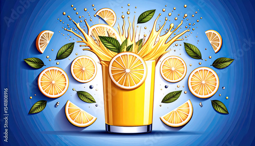 Lemonade explosion with vibrant yellow liquid, lemon slices, mint leaves, and bubbles 