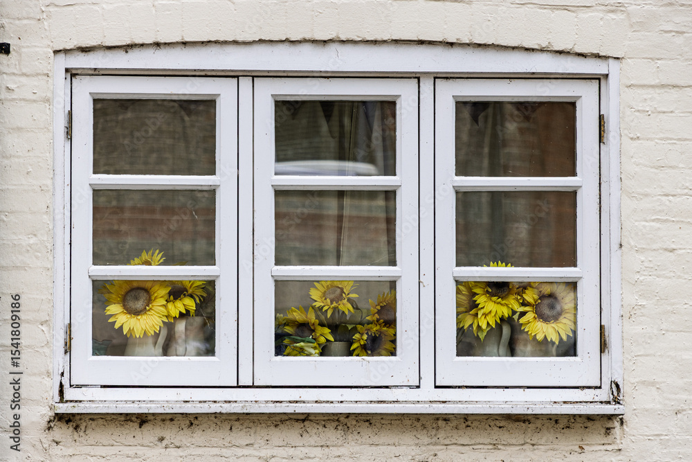 Fototapeta premium Sunflowers in a white framed window