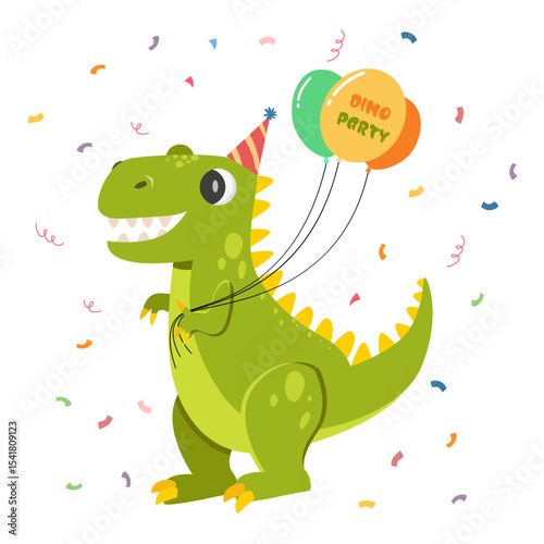 Dinosaur celebrating birthday party with ballonn.