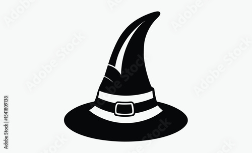 Halloween witch hat, old black hat, spooky hat silhouette, white background illustration