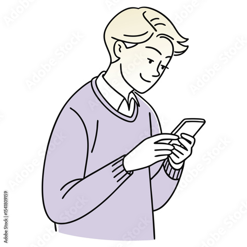 Smiling young man with fair hair intently types on his phone screen now
