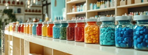 Colorful Medicine Bottles Pharmacy Shelf Display