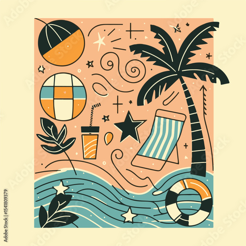 Abstract summer poster or card in simple scribble style, with summer vacation theme
