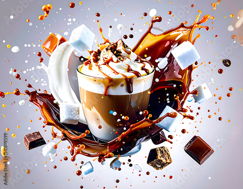Caramel macchiato exploding splash with swirls of coffee and milk, sugar cubes