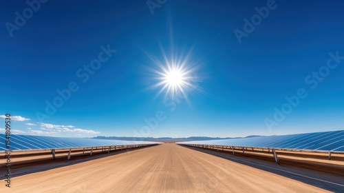 A vast landscape showcases rows of solar panels basking under a brilliant sun, representing renewable energy, sustainability, and hope for a greener future.