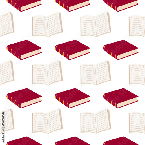 Seamless pattern for packaging and wrapping paper. Vector illustration. Red closed and beige open book on white background. Print for gift bag. Ornament with notepad and notebook.