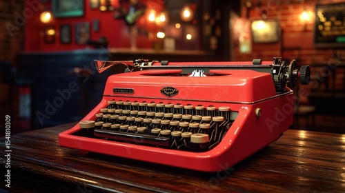 Vintage red typewriter on wooden table in cozy bar