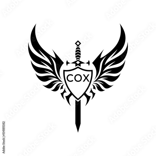 COX "Heraldic Sword Shield Wing Emblem with COX Initials  – COX Later Logo Military Logo Design Vector"
