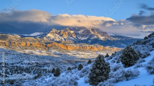 Borealis seen above the Utah mountains in winter covered by snow, with few pines disseminated across the peaks. High-contrast lighting, chiaroscuro, and high definition. cinematic scene
