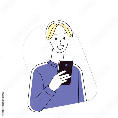 Smiling Caucasian guy with blond hair uses his smartphone for chatting