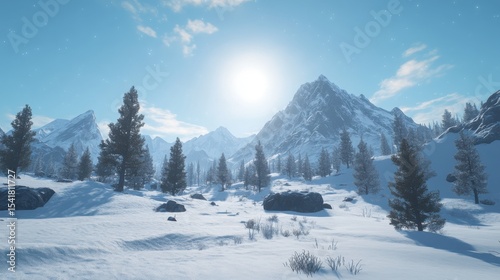 Borealis seen above the Utah mountains in winter covered by snow, with few pines disseminated across the peaks. High-contrast lighting, chiaroscuro, and high definition. cinematic scene