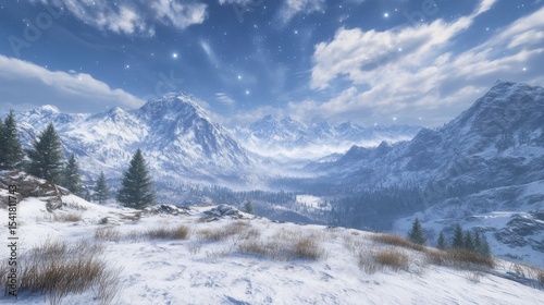 Borealis seen above the Utah mountains in winter covered by snow, with few pines disseminated across the peaks. High-contrast lighting, chiaroscuro, and high definition. cinematic scene