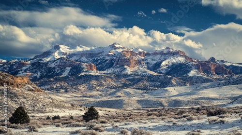 Borealis seen above the Utah mountains in winter covered by snow, with few pines disseminated across the peaks. High-contrast lighting, chiaroscuro, and high definition. cinematic scene