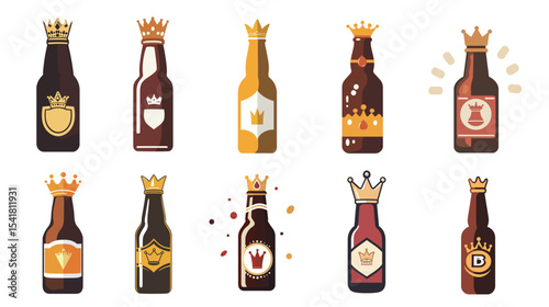 Crown Style Bar Logo on Beer Bottle Neck, Elegant Vector Design for Brewery Branding and Alcohol Packaging with Classic Royal Theme