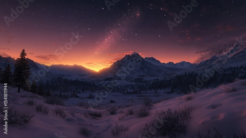 Borealis seen above the Utah mountains in winter covered by snow, with few pines disseminated across the peaks. High-contrast lighting, chiaroscuro, and high definition. cinematic scene