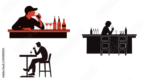 Someone Quietly Drinking Alone at the Bar — Cozy Evening Scene Vector Illustration of a Lone Patron