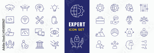 Expert icon set. Containing advice, competence, expertise, knowledge, skill, specialist, experience and more. Solid vector icons collection